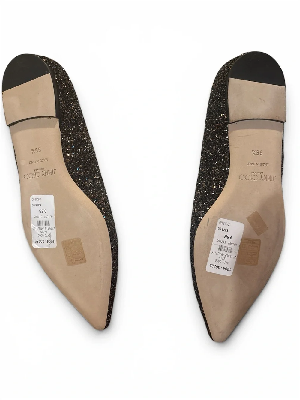 Jimmy Choo Women's Black Glitter Pointed Toe Romy Flats size 39 1/2 NWT’s & box!